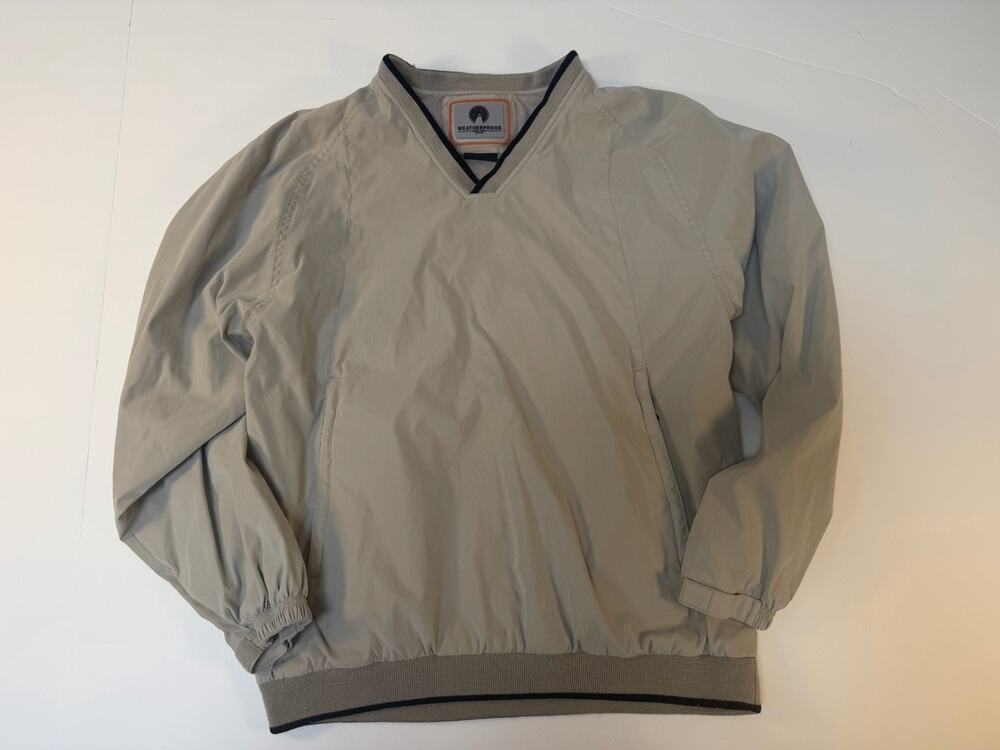 Mens Vintage Size Medium Beige Weatherproof V Neck Pullover Windbreaker